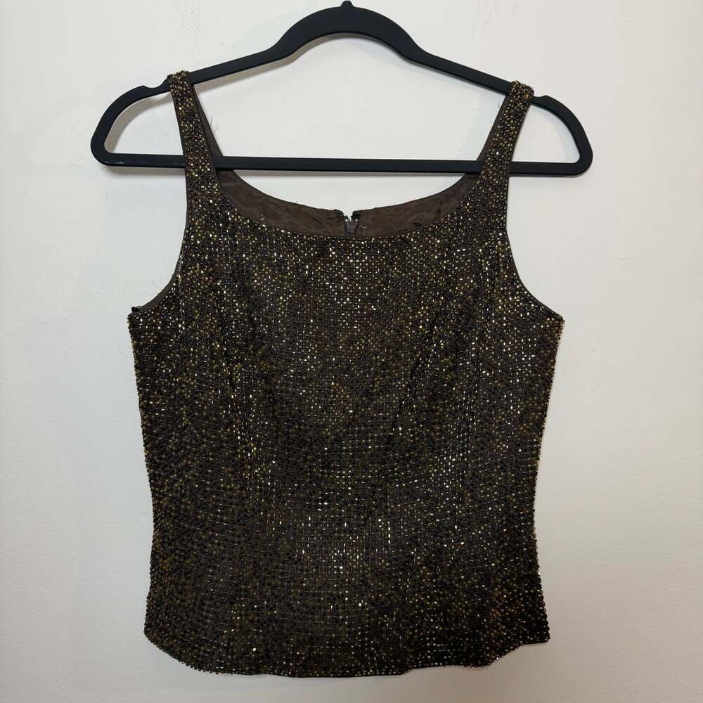 Vintage Y2K Brown Fully Beaded Tank Top Heavy Embellished Size Small